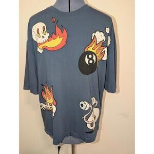 American Garage Discharge Print Size Medium Blue Shirt Skulls 8 Ball Fire Grunge